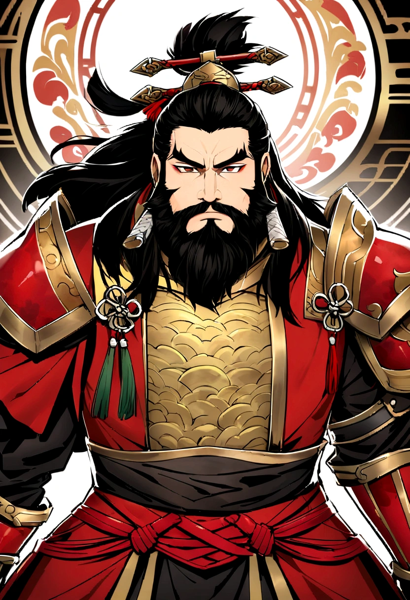 rough paintwork,ink artPortraits of equipment from the Three Kingdoms Period of China, a sharp-tipped, rich-bearded appearance with a grim impression, and only a red-colored abdomen has armor