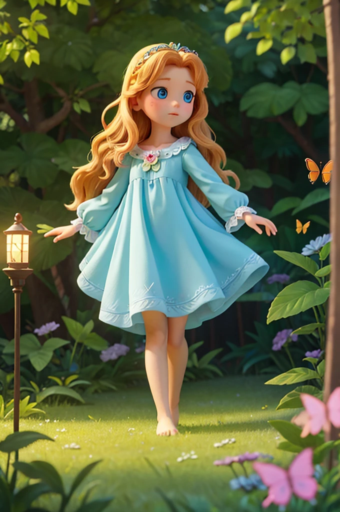 she watched enchanted as the trees seemed to whisper to each other, the leaves rustling as if they were speaking. The flowers bent as she passed, and the butterflies danced in the air a with long golden hair, sparkling blue eyes in a light blue nightgown a
girl