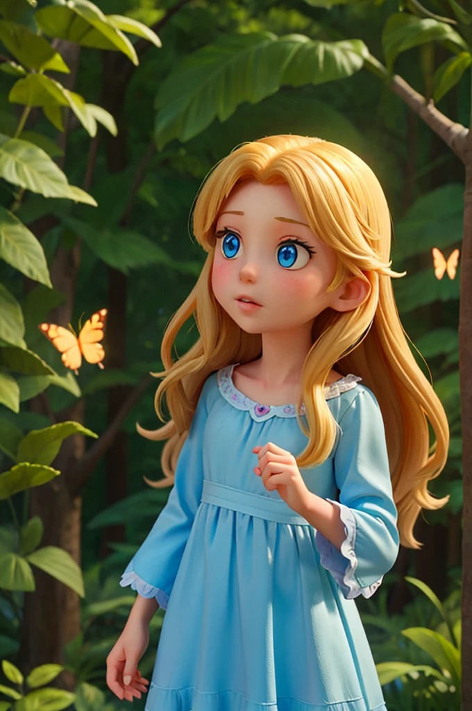 she watched enchanted as the trees seemed to whisper to each other, the leaves rustling as if they were speaking. The flowers bent as she passed, and the butterflies danced in the air a with long golden hair, sparkling blue eyes in a light blue nightgown a
kid girl