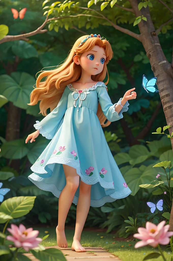 she watched enchanted as the trees seemed to whisper to each other, the leaves rustling as if they were speaking. The flowers bent as she passed, and the butterflies danced in the air a with long golden hair, sparkling blue eyes in a light blue nightgown a
girl