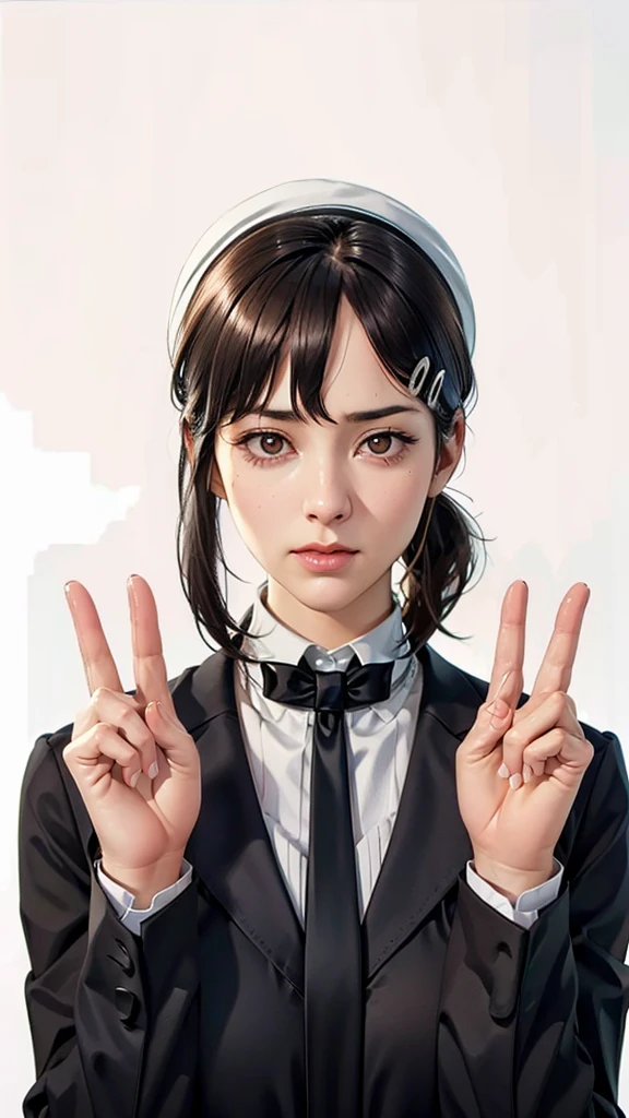 (((Perfect body,White and tender skin,(((Black strap dress, black long bow tie, white lining, black hat))),(((Kobeni Higashiyama, black hair, hair ornament, hairclip, ponytail, short hair, (brown eyes:1.5),))),((masterpiece)),highres,((Best quality at best)),masterpiece,quality,Best quality,((( Exquisite facial features,Looking at the audience,There is light in the eyes,(((frown,Wronged))),Scissorhands))),(((Light and shadow,Huge breasts,))),(((Looking at the camera,White background))))
