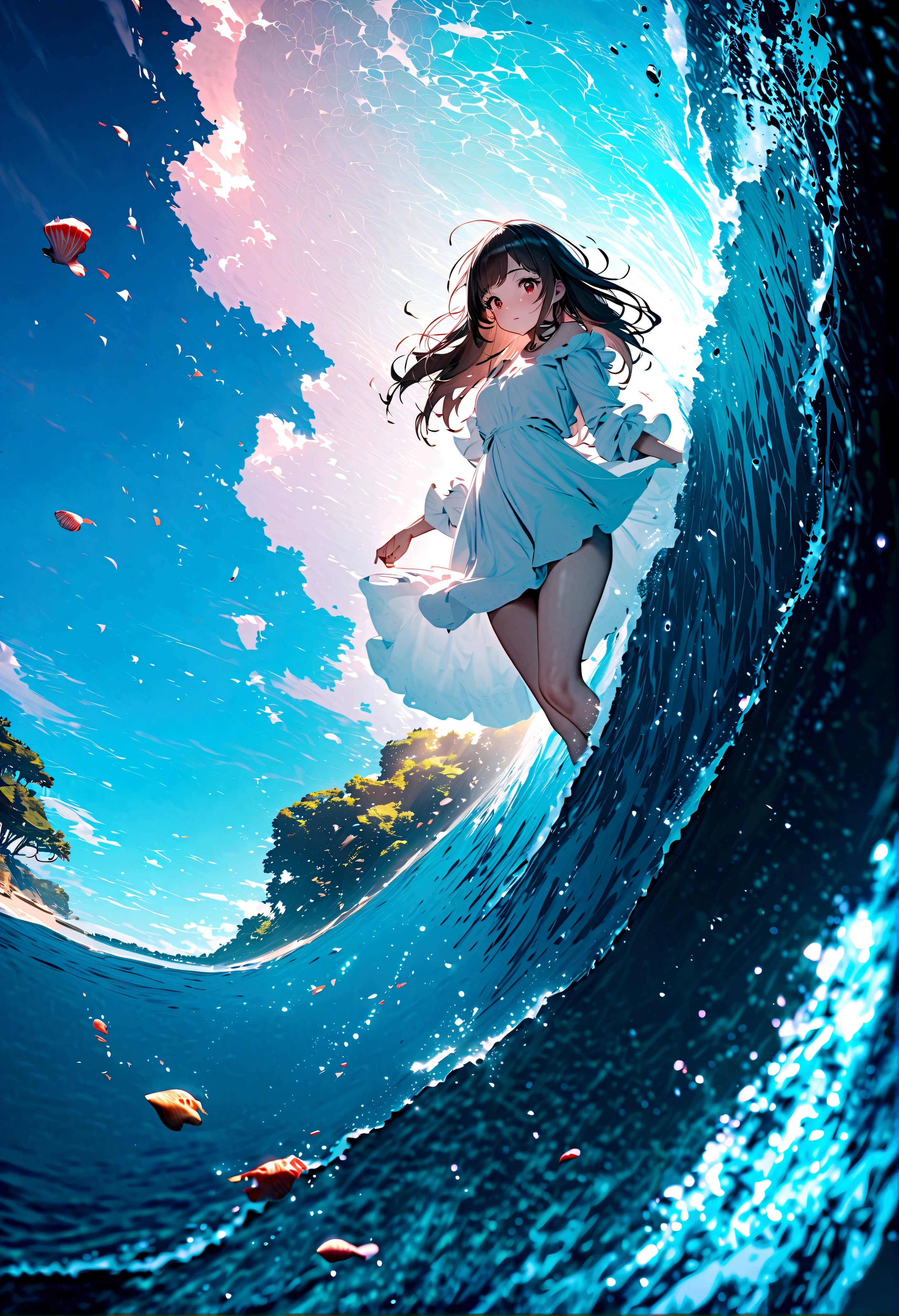 quality\(8k,wallpaper of extremely detailed CG unit, masterpiece,hight resolution,top-quality,top-quality real texture skin,hyper realisitic,increase the resolution,RAW photos,best qualtiy,highly detailed,the wallpaper,cinematic lighting,ray trace,golden ratio\), BREAK , 1dog\(big,white,detailed beautiful fur\) and 1lady\(young,beautiful,clean,healthy\) walking happily on the beach\(very detailed and beautiful crystal clear sea and waves, many coral reefs,colorful seashells\),golden time