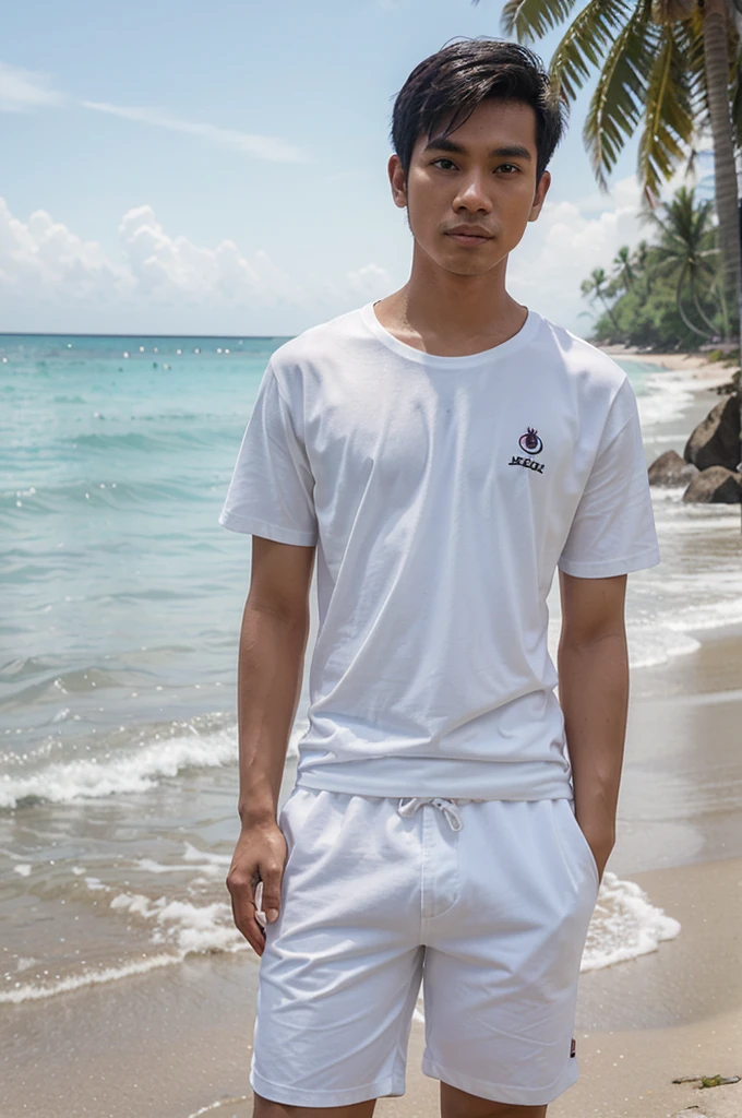 4D caricature of a 26 year old Indonesian man standing on a beautiful beach wearing a white t-shirt, shorts and a nice beach background. Realistic