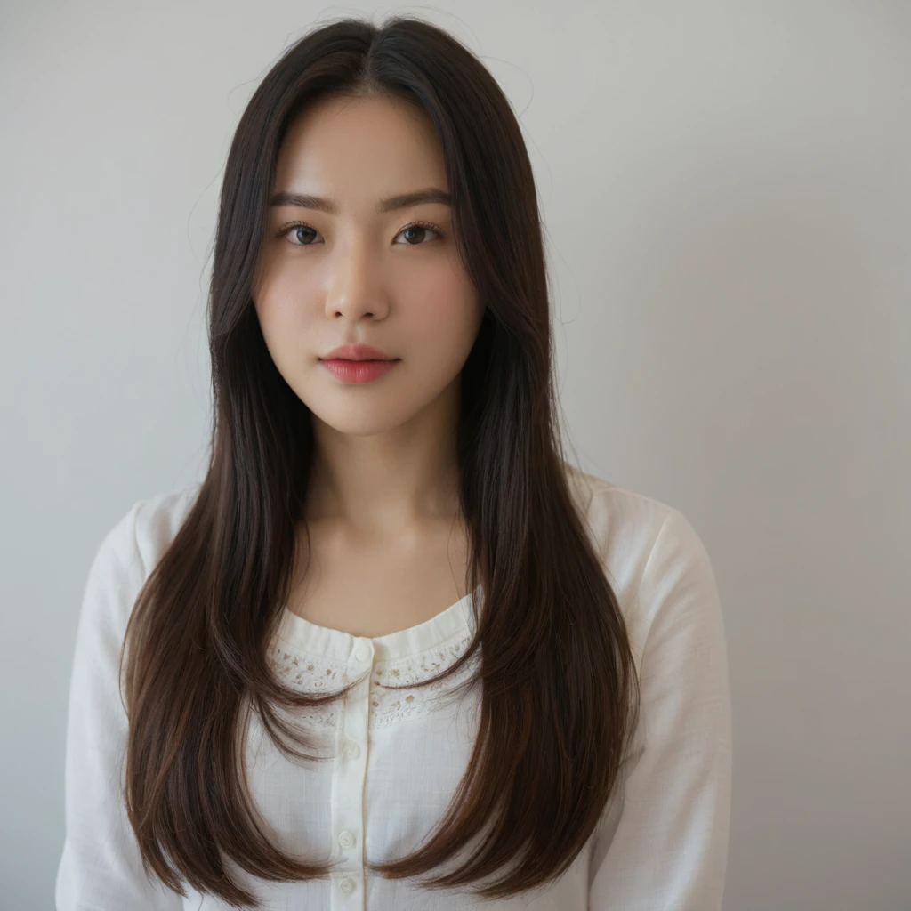 Best Quality, 8k, Masterpiece, (Portrait: 1.3), (photo realistic:1.4), (hyper realistic:1.4), Sharp Focus, looking at viewer, (smoother lighting:1.1), (increase cinematic lighting quality:0.9), realistic lighting, backlighting, light on face, ray trace, (brightening light:1.2), (Increase quality:1.4), sharp detail, (best quality real texture skin:1.4), finely detailed eyes, black_eyes, finely detailed face, 25 year old Korean woman, (white formal_shirt:1.4), (Create an image maintaining the original base model hairstyle:1.5)