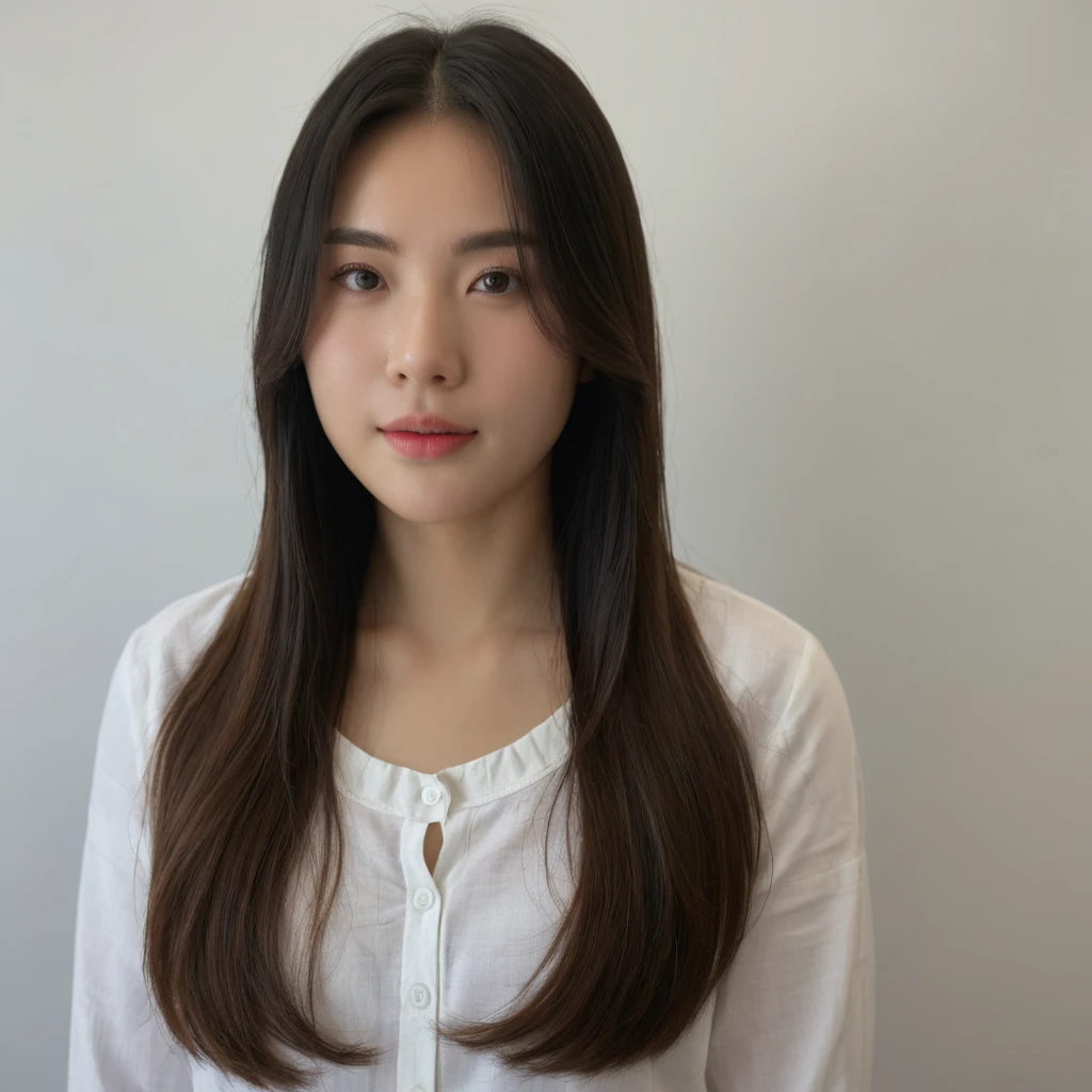 Best Quality, 8k, Masterpiece, (Portrait: 1.3), (photo realistic:1.4), (hyper realistic:1.4), Sharp Focus, looking at viewer, (smoother lighting:1.1), (increase cinematic lighting quality:0.9), realistic lighting, backlighting, light on face, ray trace, (brightening light:1.2), (Increase quality:1.4), sharp detail, (best quality real texture skin:1.4), finely detailed eyes, black_eyes, finely detailed face, 25 year old Korean woman, (white formal_shirt:1.4), (Create an image maintaining the original base model hairstyle:1.5)