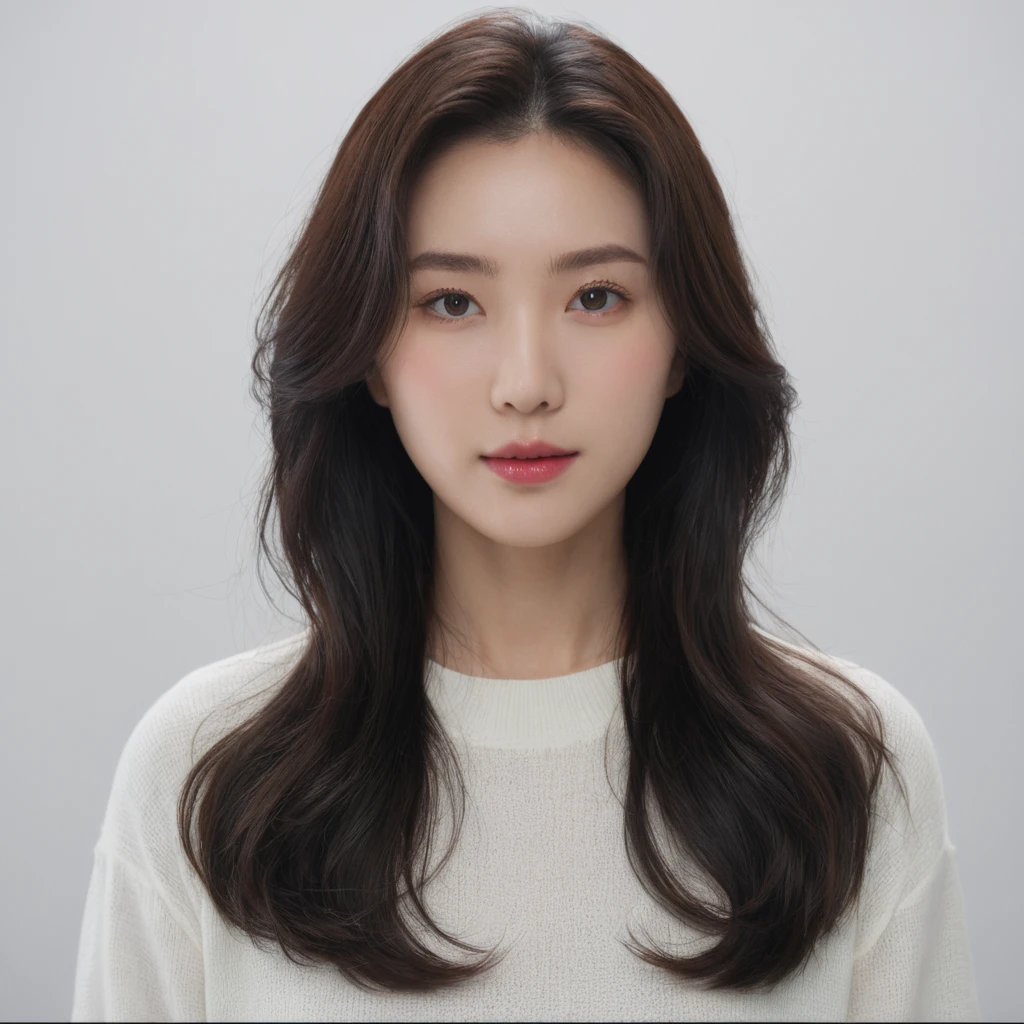Best Quality, 8k, Masterpiece, (Portrait: 1.3), (photo realistic:1.4), (hyper realistic:1.4), Sharp Focus, looking at viewer, (smoother lighting:1.1), (increase cinematic lighting quality:0.9), realistic lighting, backlighting, light on face, ray trace, (brightening light:1.2), (Increase quality:1.4), sharp detail, (best quality real texture skin:1.4), finely detailed eyes, black_eyes, finely detailed face, 25 year old Korean woman, (white formal_shirt:1.4), (Create an image maintaining the original base model hairstyle:1.5)