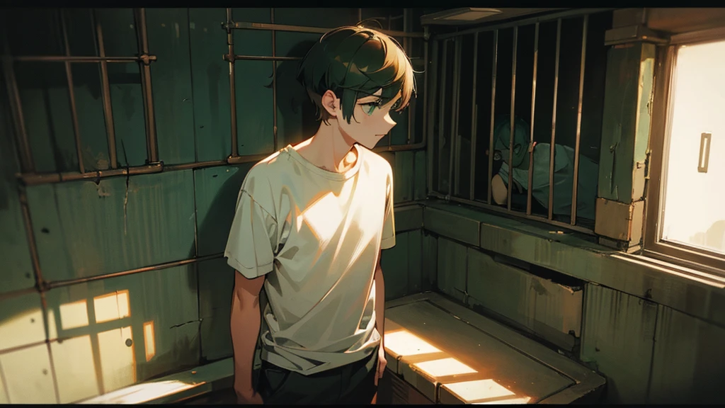 guy in a T-shirt with short hair, green eyes, in a cage in the basement, in the bunker, In the dark, behind bars.