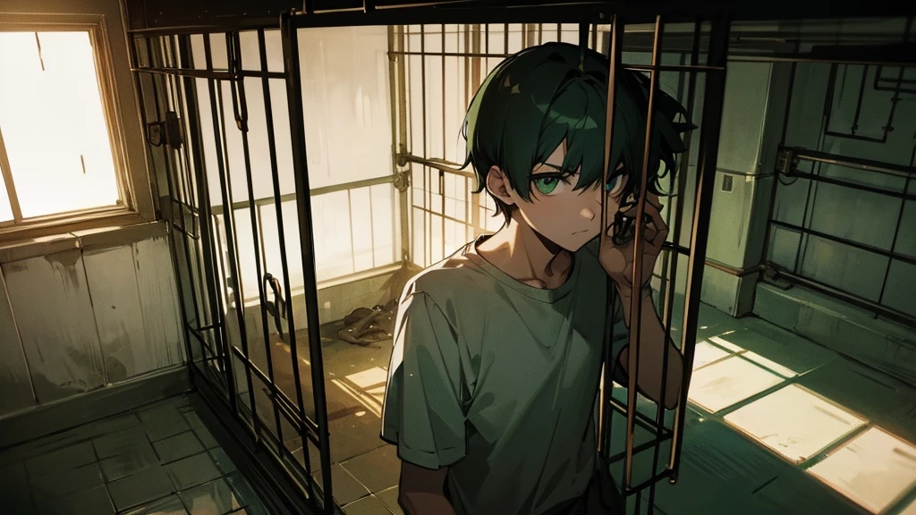 guy in a T-shirt with short hair, green eyes, in a cage in the basement, in the bunker, In the dark, behind bars.