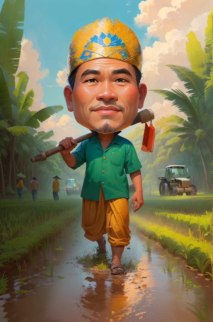 cartoon man walking through a muddy field with a hoe, The head wears a typical Javanese headgear blangkon, caricature illustration, farmer, Indonesian farmer, caricature style, cartoon portrait, cartoon digital painting, caricature, official illustration, cartoon digital art, in cartoon style, inspired by Rudy Siswanto, inspired by I Ketut Soki, potrait, digital cartoon painting art, digital art cartoon, cartoon artstyle
