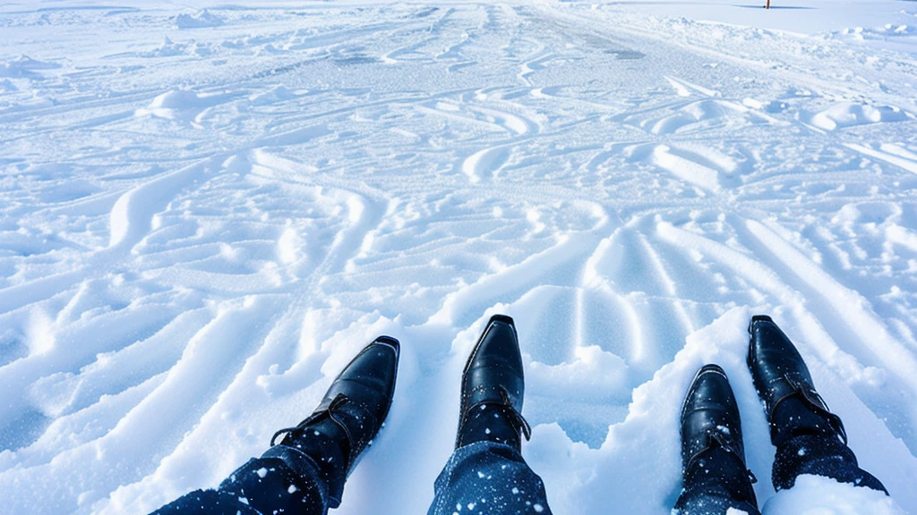 someone is standing in the snow with their feet in the snow, standing in the snow, walking on ice, standing on the water ground, stands in a pool of water, footsteps in the snow, feet on the ground, standing in a parking lot, standing on a ship deck, standing in midground, looking at the ground, snow field
