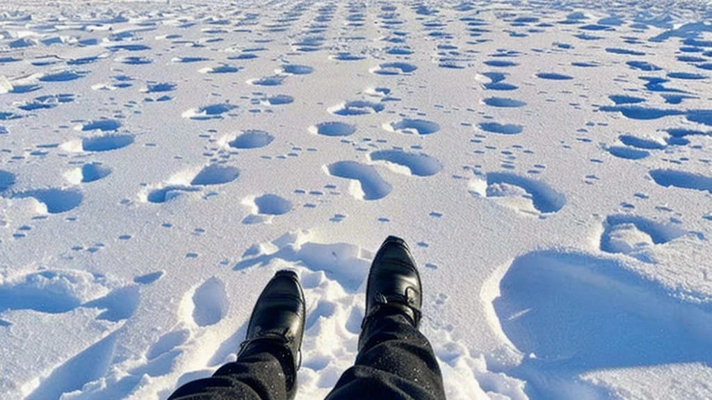 someone is standing in the snow with their feet in the snow, standing in the snow, walking on ice, standing on the water ground, stands in a pool of water, footsteps in the snow, feet on the ground, standing in a parking lot, standing on a ship deck, standing in midground, looking at the ground, snow field