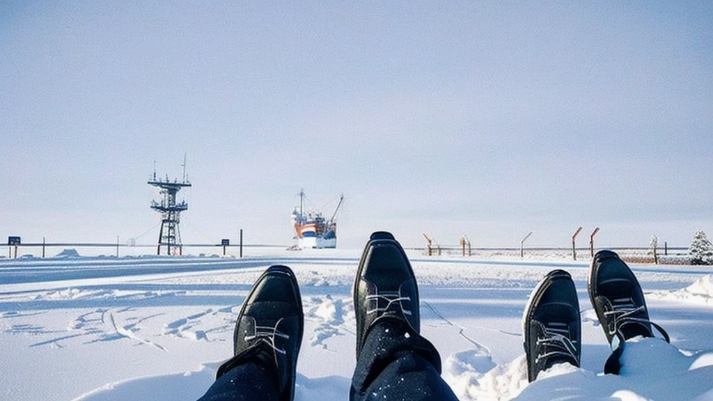 someone is standing in the snow with their feet in the snow, standing in the snow, walking on ice, standing on the water ground, stands in a pool of water, footsteps in the snow, feet on the ground, standing in a parking lot, standing on a ship deck, standing in midground, looking at the ground, snow field