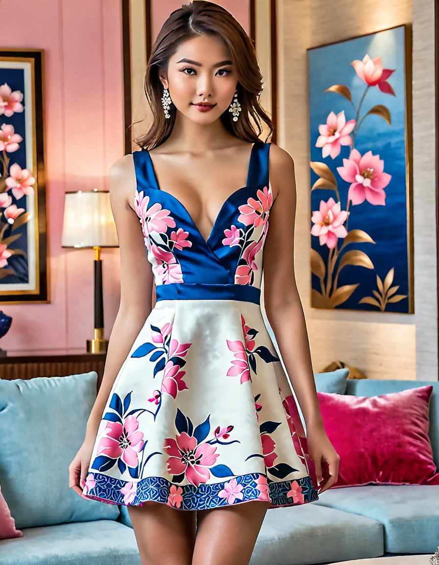 A beautiful girl, clad in a white and pink floral dress with blue accents, stands confidently in the living room of her luxury home. The dress's deep neckline and charming figure draw the eye, while the perfect body proportion and detailed details add to the allure.

As she poses, her eyes sparkle with a mischievous glint, as if she's daring you to take a closer look. Her long legs are accentuated by the short skirt, while her big chest is on full display, a testament to her natural beauty.

The room itself is a masterpiece of design, with soft lighting and a subtle, calming color palette. The furniture is sleek and modern, with a hint of Japanese influence, adding to the overall sense of sophistication.

As you gaze upon this intricate work of art, you can't help but notice the subtle details that hint at a deeper meaning. The dress's floral pattern, for example, seems to shift and morph, its design taking on a life of its own. The girl's eyes, too, seem to pierce through the canvas, as if she's trying to communicate with you, to share a secret that lies beyond the confines of this luxurious living room.

As you stare into the abyss, you can't help but wonder: what secrets does this beautiful girl hold within her charming, confident world?