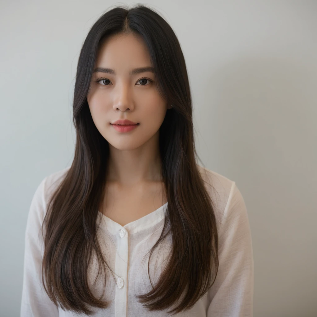 Best Quality, 8k, Masterpiece, (Portrait: 1.3), (photo realistic:1.4), (hyper realistic:1.4), Sharp Focus, looking at viewer, (smoother lighting:1.1), (increase cinematic lighting quality:0.9), realistic lighting, backlighting, light on face, ray trace, (brightening light:1.2), (Increase quality:1.4), sharp detail, (best quality real texture skin:1.4), finely detailed eyes, black_eyes, finely detailed face, 25 year old Korean woman, (white formal_shirt:1.4), (Create an image maintaining the original base model hairstyle:1.5)