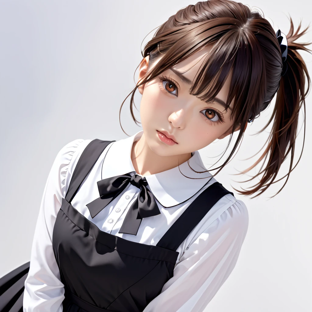 (（（Perfect body,White and tender skin,（（（black dress, pinafore dress, sleeveless dress, white shirt, black ribbon, neck ribbon, long sleeves, black choker，）））,（（（Kobeni Higashiyama, black hair, hair ornament, hairclip, ponytail, short hair, (brown eyes:1.5),）））,((masterpiece)),highres,((Best quality at best)),masterpiece,quality,Best quality,(（（ Exquisite facial features,Looking at the audience,There is light in the eyes,(（（frown，Wronged））），Look up）））,（（（Light and shadow,Huge breasts,）））,（（（Looking at the camera,White background)））)