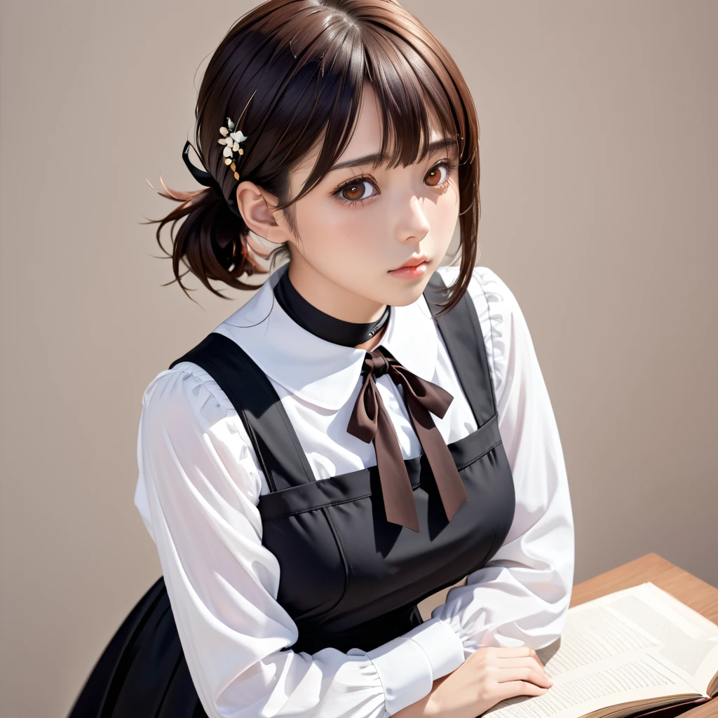 (（（Perfect body,White and tender skin,（（（black dress, pinafore dress, sleeveless dress, white shirt, black ribbon, neck ribbon, long sleeves, black choker，）））,（（（Kobeni Higashiyama, black hair, hair ornament, hairclip, ponytail, short hair, (brown eyes:1.5),）））,((masterpiece)),highres,((Best quality at best)),masterpiece,quality,Best quality,(（（ Exquisite facial features,Looking at the audience,There is light in the eyes,(（（frown，Wronged））），Look up）））,（（（Light and shadow,Huge breasts,）））,（（（Looking at the camera,White background)））)