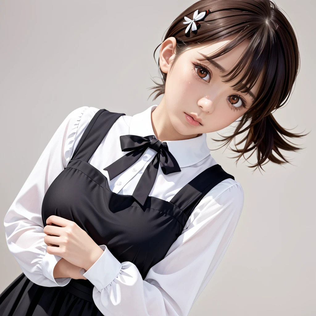 (（（Perfect body,White and tender skin,（（（black dress, pinafore dress, sleeveless dress, white shirt, black ribbon, neck ribbon, long sleeves, black choker，）））,（（（Kobeni Higashiyama, black hair, hair ornament, hairclip, ponytail, short hair, (brown eyes:1.5),）））,((masterpiece)),highres,((Best quality at best)),masterpiece,quality,Best quality,(（（ Exquisite facial features,Looking at the audience,There is light in the eyes,(（（frown，Wronged））），Look up）））,（（（Light and shadow,Huge breasts,）））,（（（Looking at the camera,White background)））)