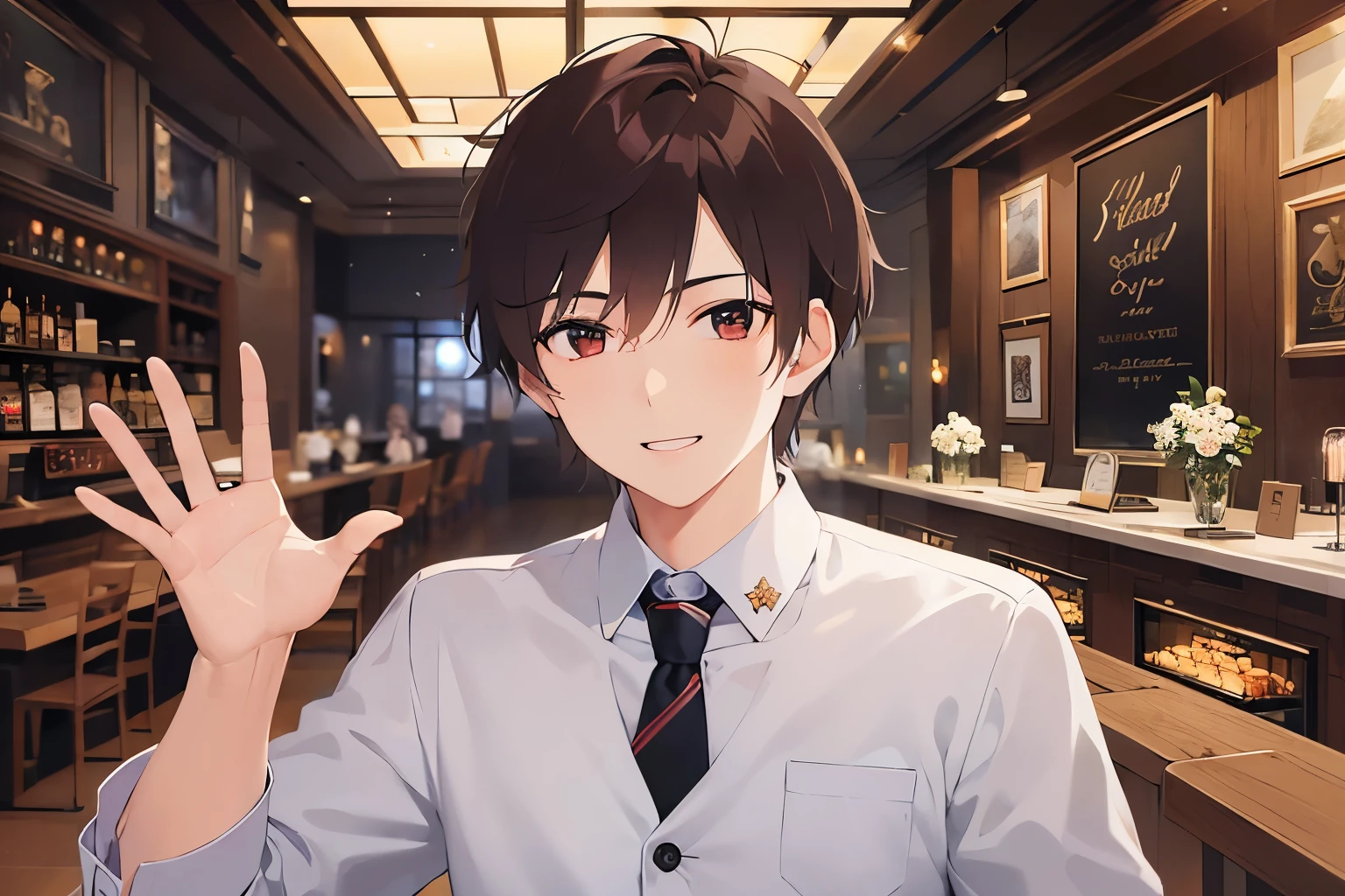 waving hand, Biologically correct five fingers、upper body、shiny skin、masterpiece、Highest quality、(25-year-old male:1.5) and (mahogany brown hair) and (red eyes), (gray collared shirt)、Are standing、smile、The background is the interior of a restaurant at night.、(Alone:1.5)、Upper body is shown、