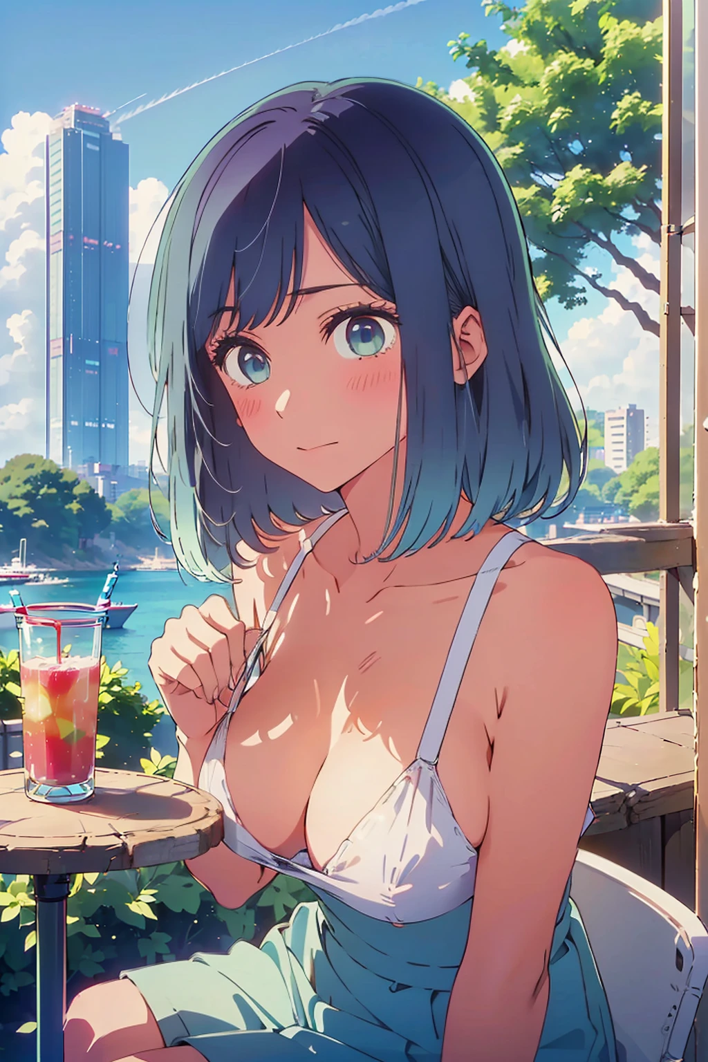 (Highest quality:1.4、8K:1.4、detailed)、F cup 、Slim body、Very white beautiful skin、((((1 person、Surprised expression、sit、Chair、In the background are the urban buildings of Tokyo、looking at the camera、Outdoor café terrace、coastal、Navy hair color、juice、Shooting up close、table、Very cute face))))、((、、をjuiceのグラスで隠す))、(Pose of putting hair behind ears with hands:1.4)、Very blue sky、A completely cloudless sky