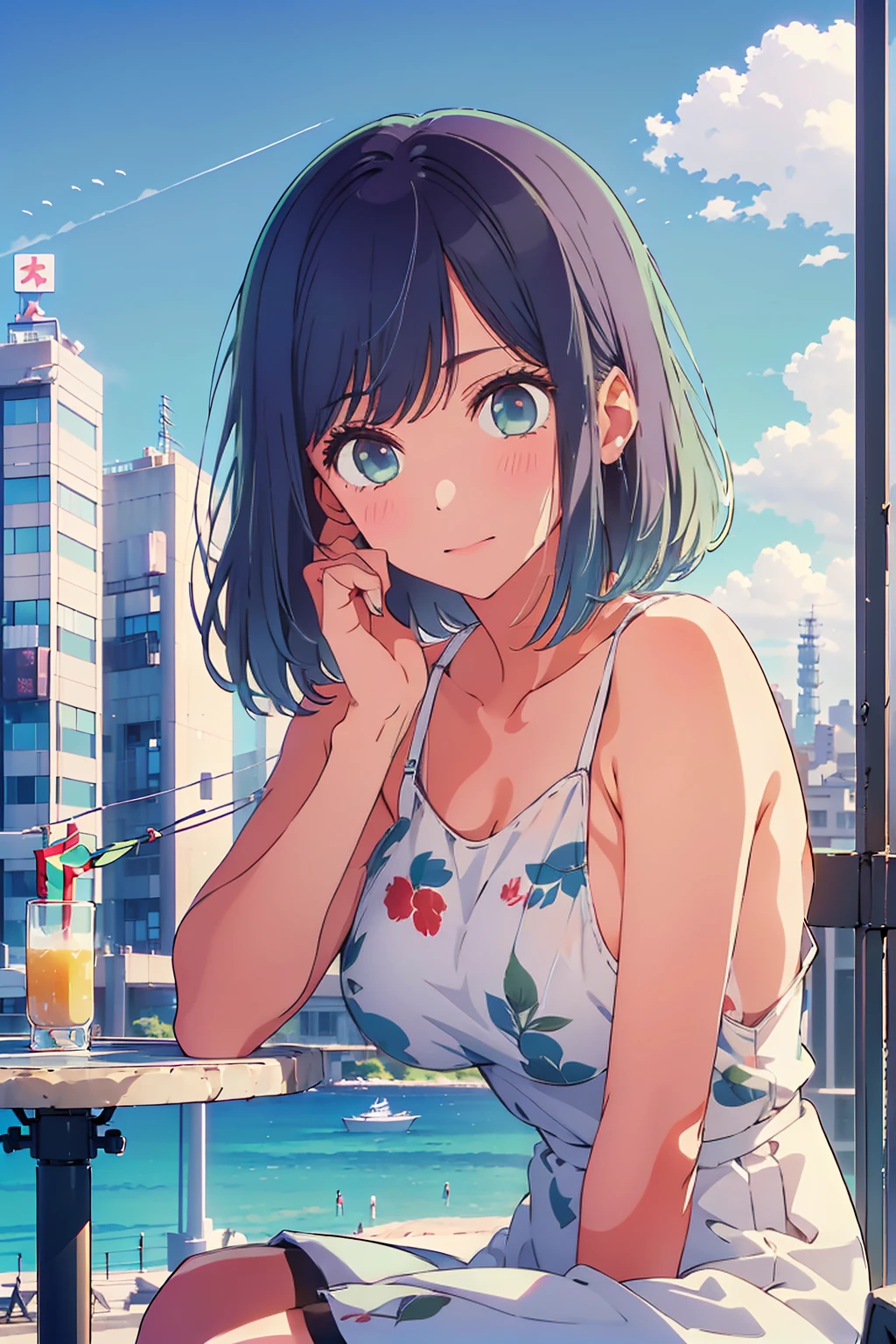 (Highest quality:1.4、8K:1.4、detailed)、F cup bust、Slim body、Very white beautiful skin、((((1 person、Surprised expression、sit、Chair、In the background are the urban buildings of Tokyo、looking at the camera、Outdoor café terrace、coastal、Navy hair color、juice、Shooting up close、table、Very cute face))))、((Areola、Nipples、Nipplesをjuiceのグラスで隠す))、(Pose of putting hair behind ears with hands:1.4)、Very blue sky、A completely cloudless sky