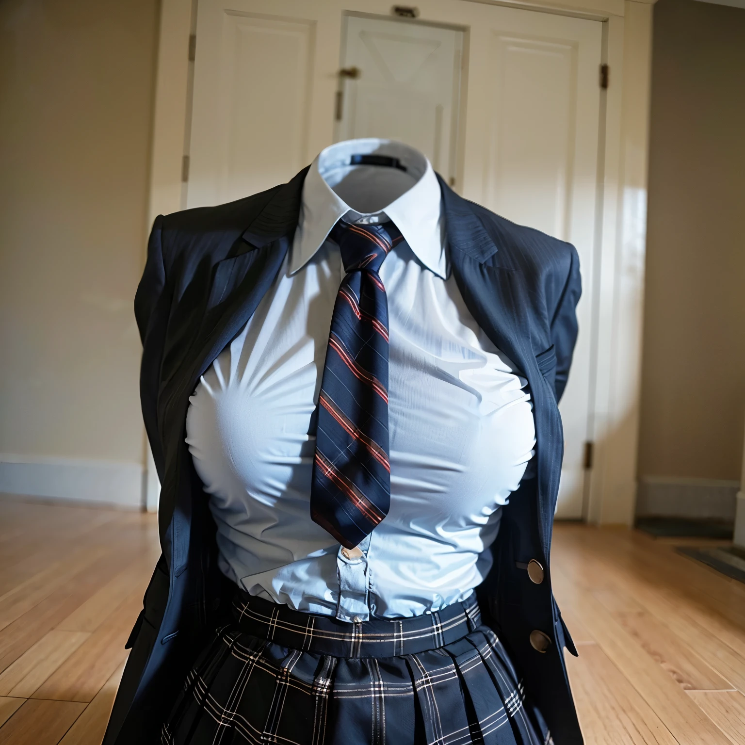 school blazer laid on floor, plaid skirt, stripe tie, fat, cute big breasts, (invisible, no human, headless, handless:1.5)