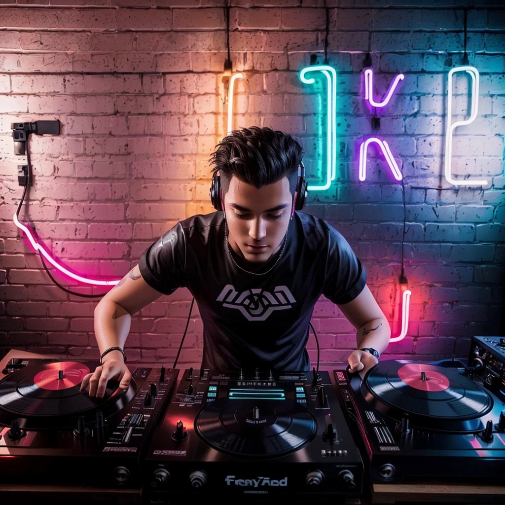 arafed male dj in front of a brick wall with neon lights, official artwork, dj set, dj, freaky, album art for a trance dj, FRENGKY, album art, promo art, frenetic, dj at a , frenzy, 1MAN, djing with dj turntables, profile picture, HIGH QUALITY, a young man with mohawk hair