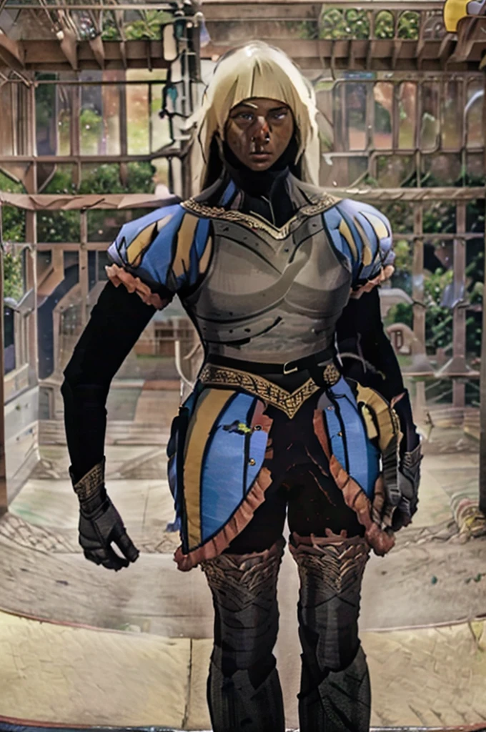 ophelia , solo, 1girl, long hair, white hair, armor, dark skin, blunt bangs, dark-skinned female, blonde hair, gloves, blue eyes, breastplate, puffy sleeves,standing,hands on hip,serious face,expresionless,angry eyes,(from below),looking at viewer,masterpiece,extremely detailed CG unity 8k wallpaper, best quality,32k,focus sharp, Messy_art,