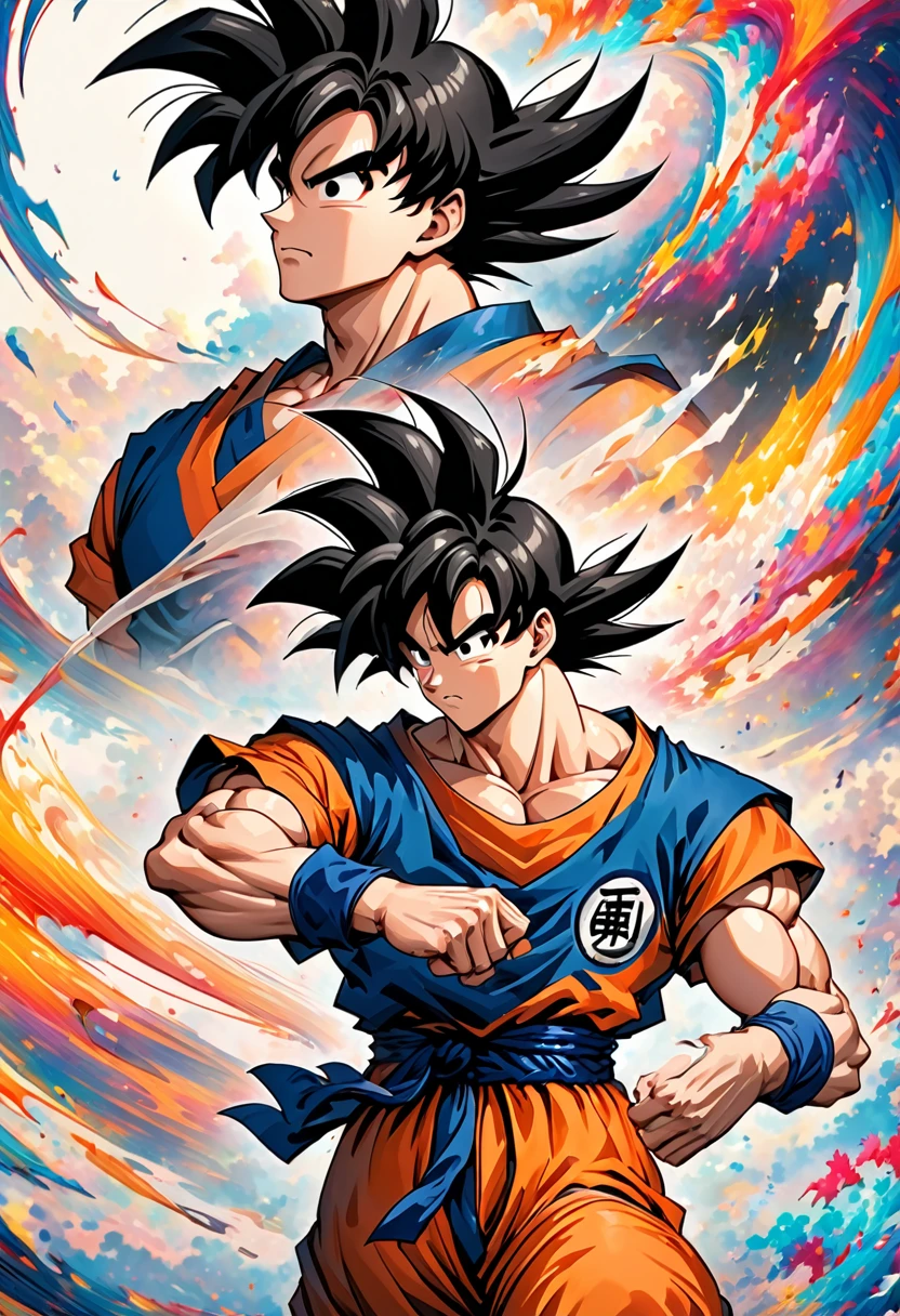 son goku, black hairs, memory fades away. Man head, Abstract, blank,broken,dreamlike,peeling off like paper,dissipation effect, using vivid gentl colour, in his fight pose, solo, using correct outfit