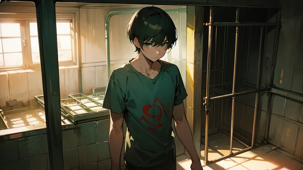 guy in a T-shirt with short hair, green eyes, in a cage in the basement, in the bunker, In the dark, behind bars.