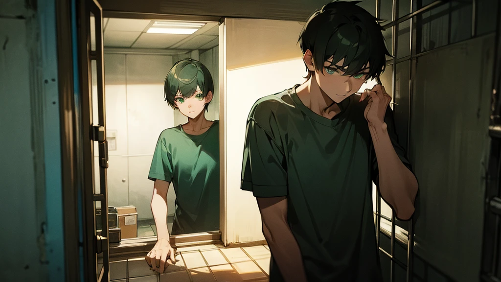 guy in a T-shirt with short hair, green eyes, in a cage in the basement, in the bunker, In the dark, behind bars.