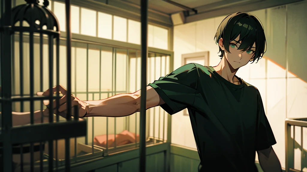 guy in a T-shirt with short hair, green eyes, in a cage in the basement, in the bunker, In the dark, behind bars.
