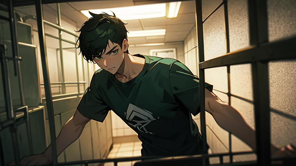 guy in a T-shirt with short hair, green eyes, in a cage in the basement, in the bunker, In the dark, behind bars.