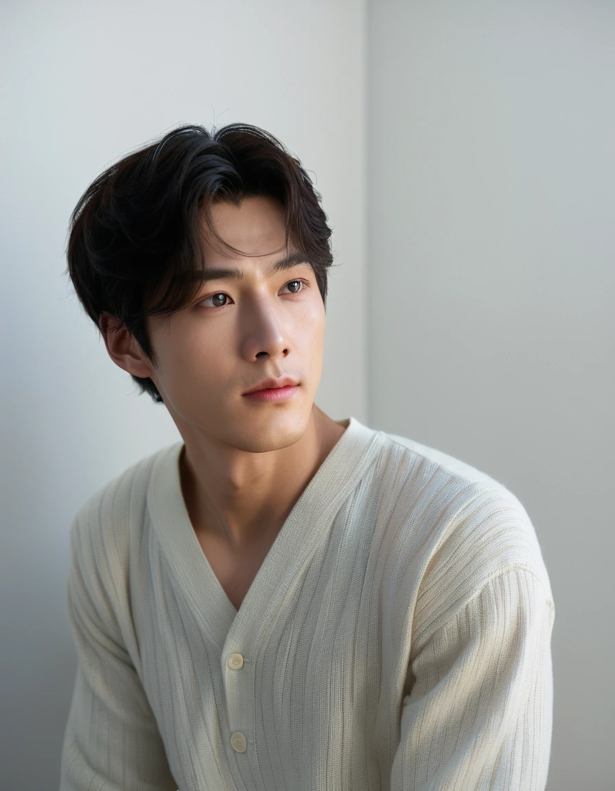Best Quality, 8k, Masterpiece, (Portrait: 1.3), (photo realistic:1.4), (hyper realistic:1.4), Sharp Focus, looking at viewer, (smoother lighting:1.1), (increase cinematic lighting quality:0.9), realistic lighting, backlighting, light on face, ray trace, (brightening light:1.2), (Increase quality:1.4), sharp detail, (best quality real texture skin:1.4), finely detailed eyes, black_eyes, finely detailed face, 25 year old Korean man