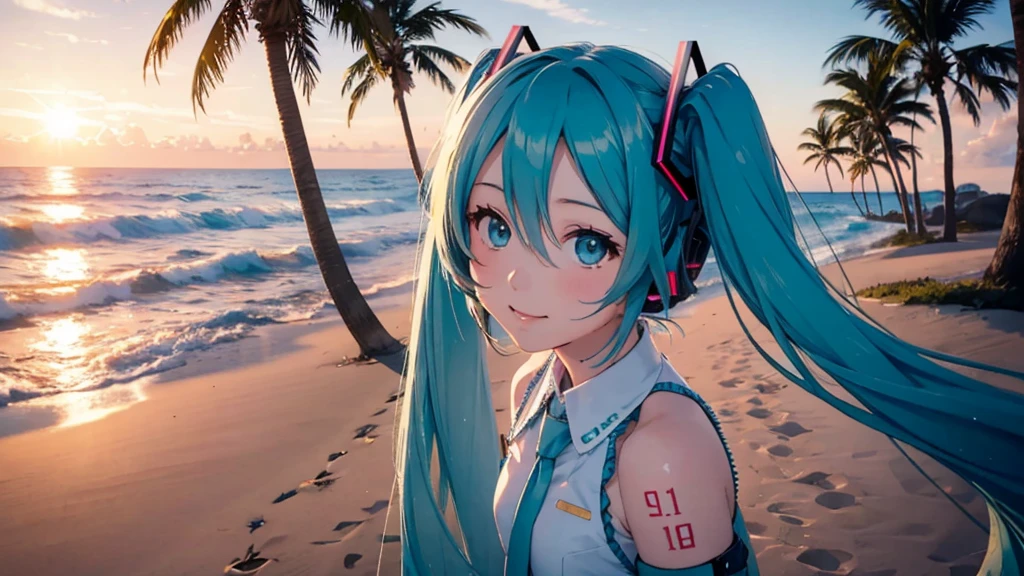 Hatsune Miku。Beach and palm trees。Sunset