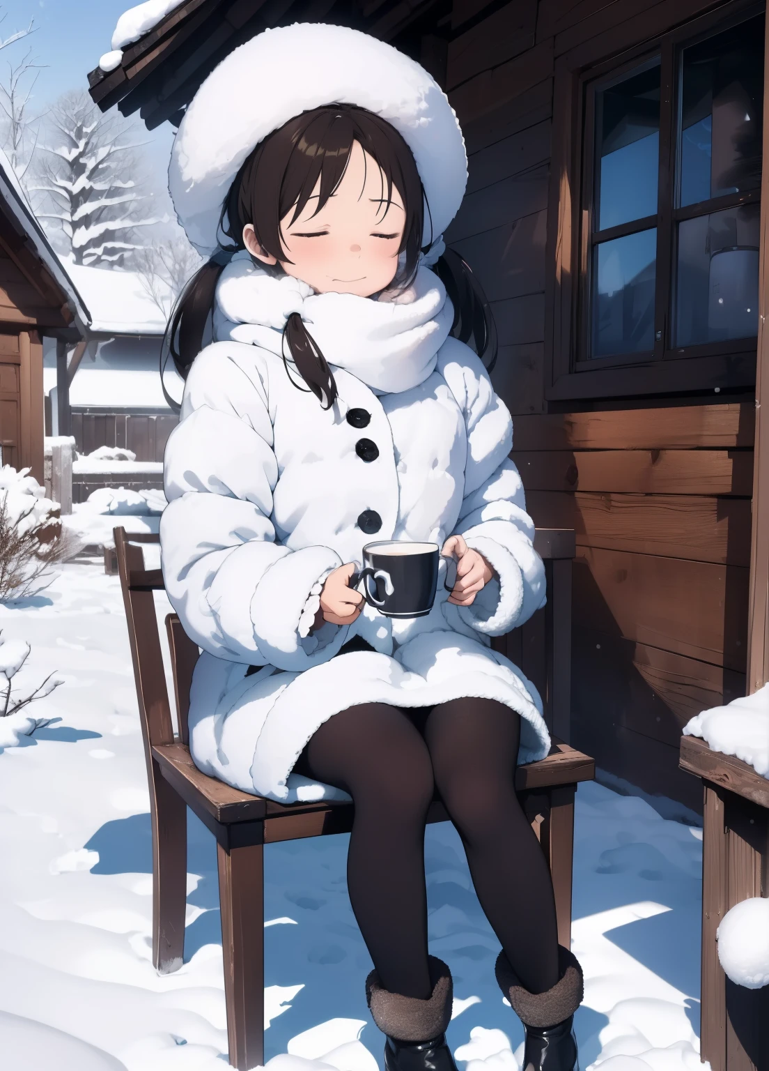 Hiroshi masumura, Anne Anderson, Surreal, mysterious, strange, fantastical, fantasy, Sci-fi, Japanese anime, big snowy snow igloo, beautiful high school girl in a miniskirt eating ramen in a kotatsu inside the igloo, perfect voluminous body, snow falling slightly outside, detailed masterpiece