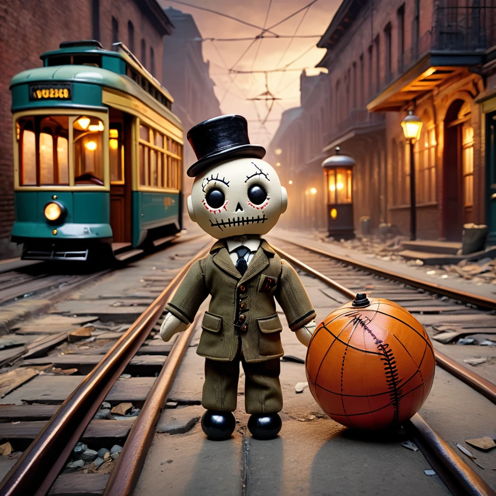 (knitted toy voodoo doll:1.8), (Voodoo Ghost Tram Conductor:1.3), (clothes shabby conductor uniform, tickets, vintage tram bell:1.0), (in the background an abandoned tram, empty streets, flickering lanterns:1.3), best quality, masterpiece, detailed soft oil painting, detailed background, dramatic cinematic lighting, soft edge lighting, professional, dramatic lighting, hard edge lighting, ultra quality, 4k, masterpiece, best quality, 8k, ultra high definition, high resolution, extremely detailed