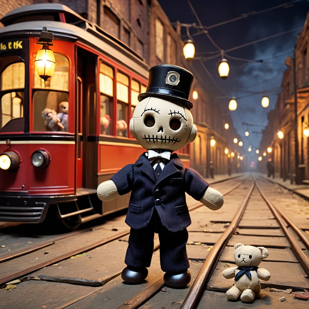 (knitted toy voodoo doll:1.8), (Voodoo Ghost Tram Conductor:1.3), (clothes shabby conductor uniform, tickets, vintage tram bell:1.0), (in the background an abandoned tram, empty streets, flickering lanterns:1.3), best quality, masterpiece, detailed soft oil painting, detailed background, dramatic cinematic lighting, soft edge lighting, professional, dramatic lighting, hard edge lighting, ultra quality, 4k, masterpiece, best quality, 8k, ultra high definition, high resolution, extremely detailed