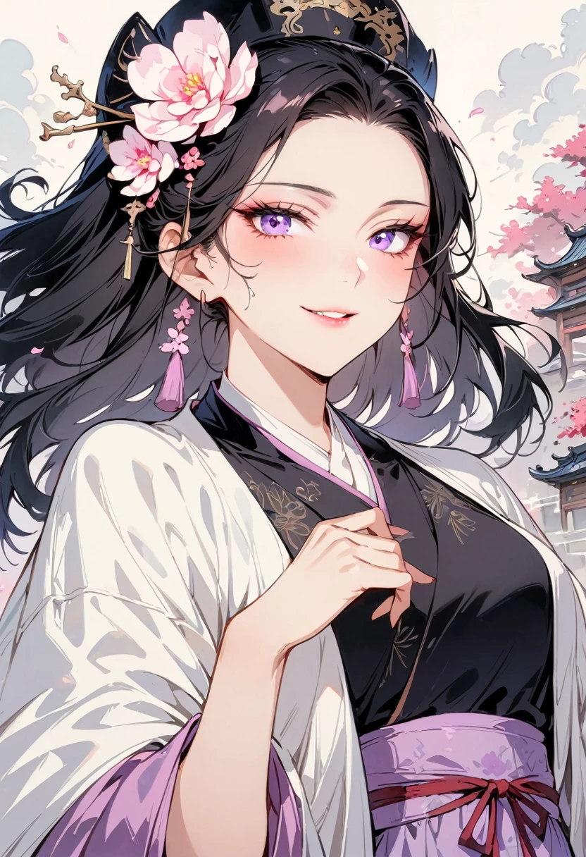 (masterpiece, best quality:1.2), 1 woman, Hanfu, (Dress conservatively:1.3), (delicate and beautiful face:1.8), mature, laugh, black hair, hairpin, purple eyes, , beautiful bridge, (ink stain) beautiful portrait, clothing ink style, Traditional Chinese armor, ink bismuth, from below, masterpiece, high details,full body