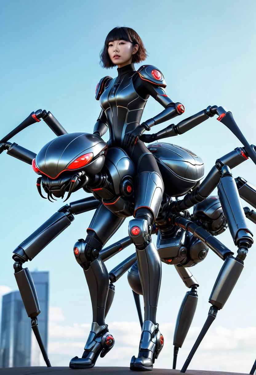 Caucasian girl in a futuristic suit riding a giant spider, 3 d render character art 8 k, love death and robots, girl in mecha cyber armor, anime robotic mixed with organic, cyber steampunk 8 k 3 d, mechanical spider legs, cosplayer dressed like a crab, cgsociety 8 k