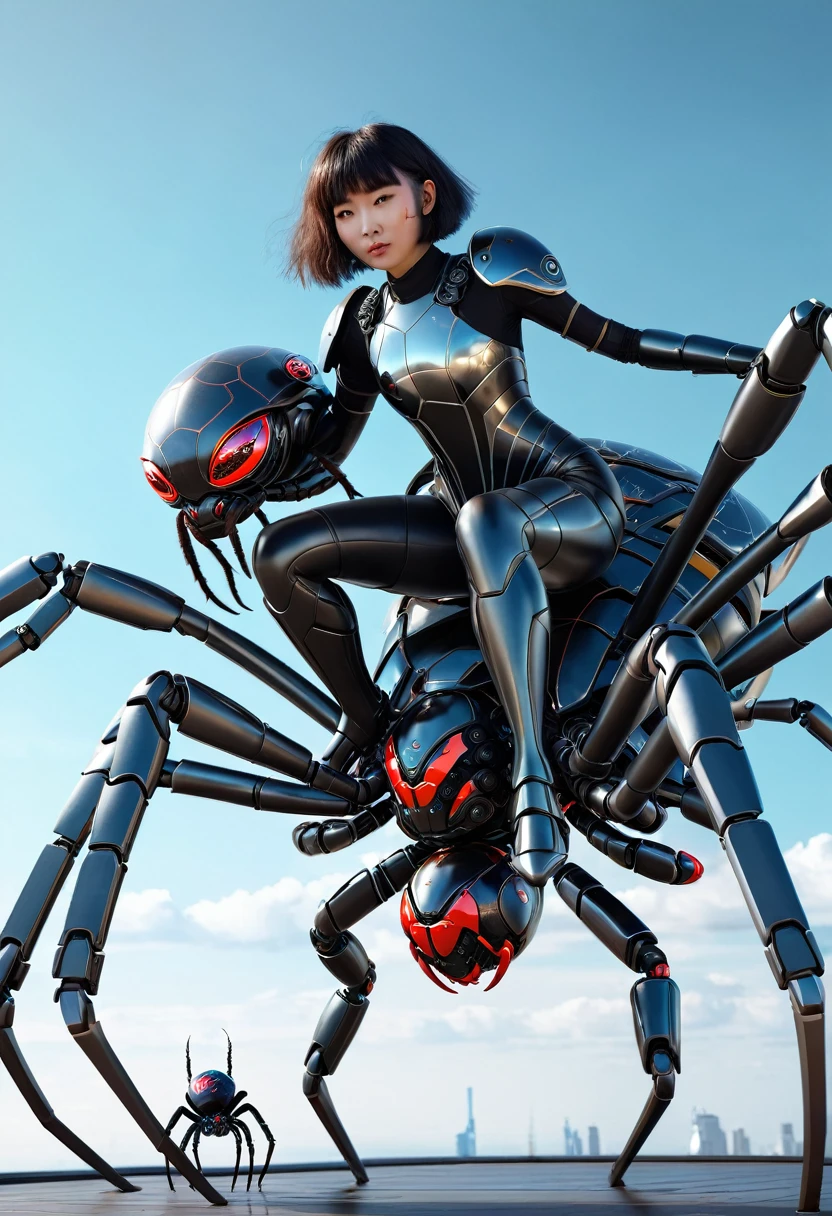 Caucasian girl in a futuristic suit riding a giant spider, 3 d render character art 8 k, love death and robots, girl in mecha cyber armor, anime robotic mixed with organic, cyber steampunk 8 k 3 d, mechanical spider legs, cosplayer dressed like a crab, cgsociety 8 k