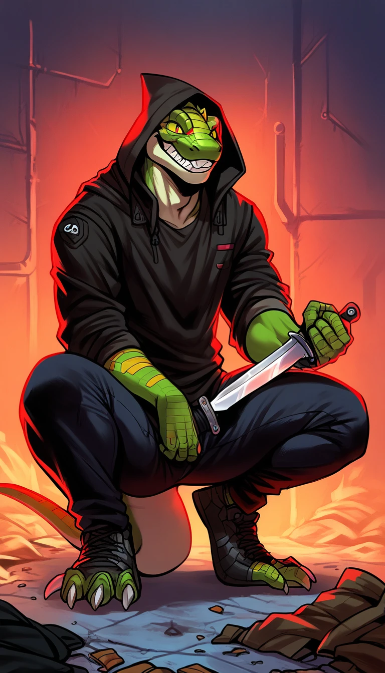 score_9, score_8_up, score_7_up, (cyberpunk, вфкл night, underground dark room background), (trash, 

((lizard:1.2), anthro, male, solo, ((crazy smile, holding knife)), (Squatting, on their haunches), ((wearing black clothes, hood, hoody, pants:1.5)), lizard skin, lizard scales, short haircut, beautiful), (have a cyber augmentations:1.75)