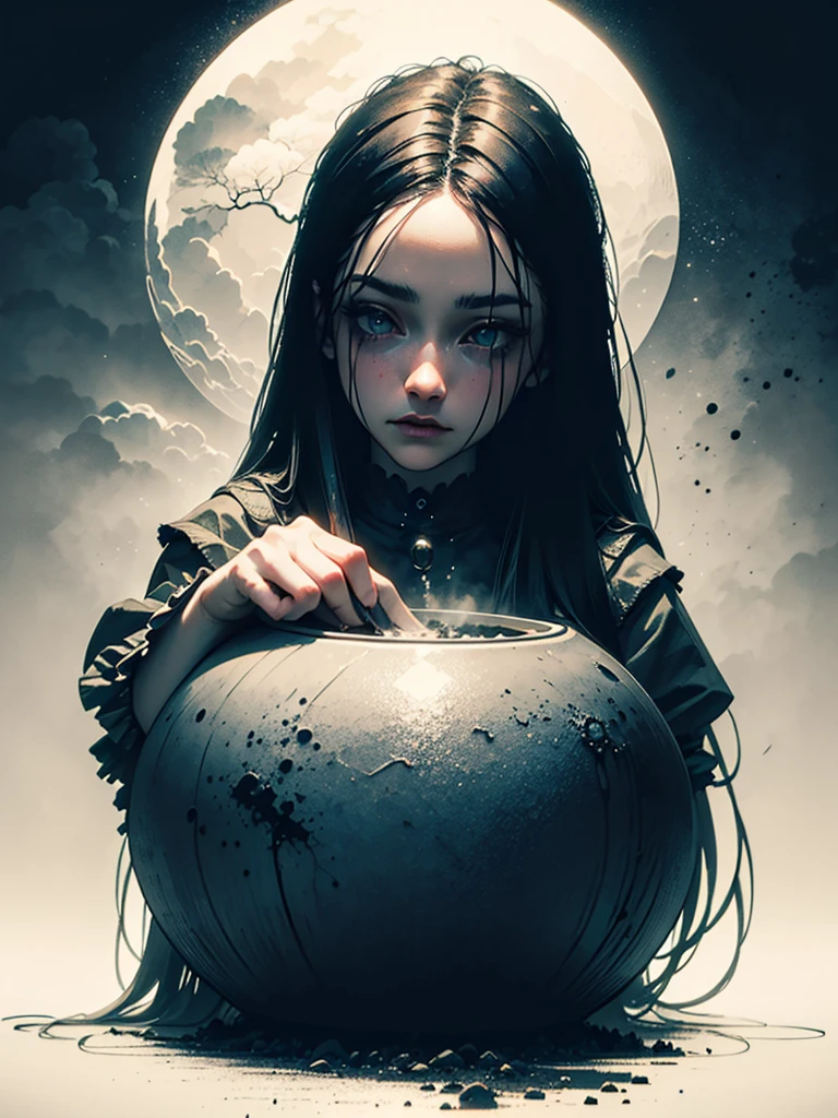 A beautiful young woman, dressed as a witch, looking into a cauldron, dark ominous weather, low dramatic lighting, intricate detailed face, striking green eyes, full lush lips, porcelain skin, flowing dark hair, detailed ornate witch's costume, bubbling magical cauldron, moody cloudy sky, moonlight shining through clouds, (best quality,4k,8k,highres,masterpiece:1.2),ultra-detailed,(realistic,photorealistic,photo-realistic:1.37),dark fantasy,gothic,cinematic lighting,dramatic,atmospheric