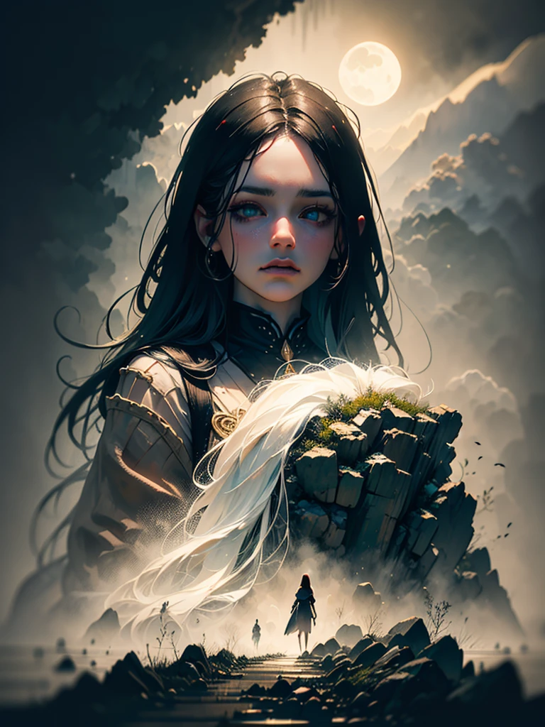 A beautiful young woman, dressed as a witch, looking into a cauldron, dark ominous weather, low dramatic lighting, intricate detailed face, striking green eyes, full lush lips, porcelain skin, flowing dark hair, detailed ornate witch's costume, bubbling magical cauldron, moody cloudy sky, moonlight shining through clouds, (best quality,4k,8k,highres,masterpiece:1.2),ultra-detailed,(realistic,photorealistic,photo-realistic:1.37),dark fantasy,gothic,cinematic lighting,dramatic,atmospheric