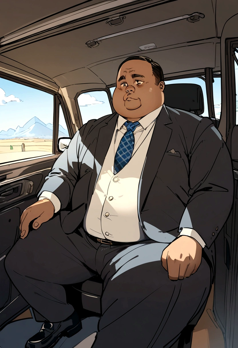 1 fat man wears a suit and van, is rich