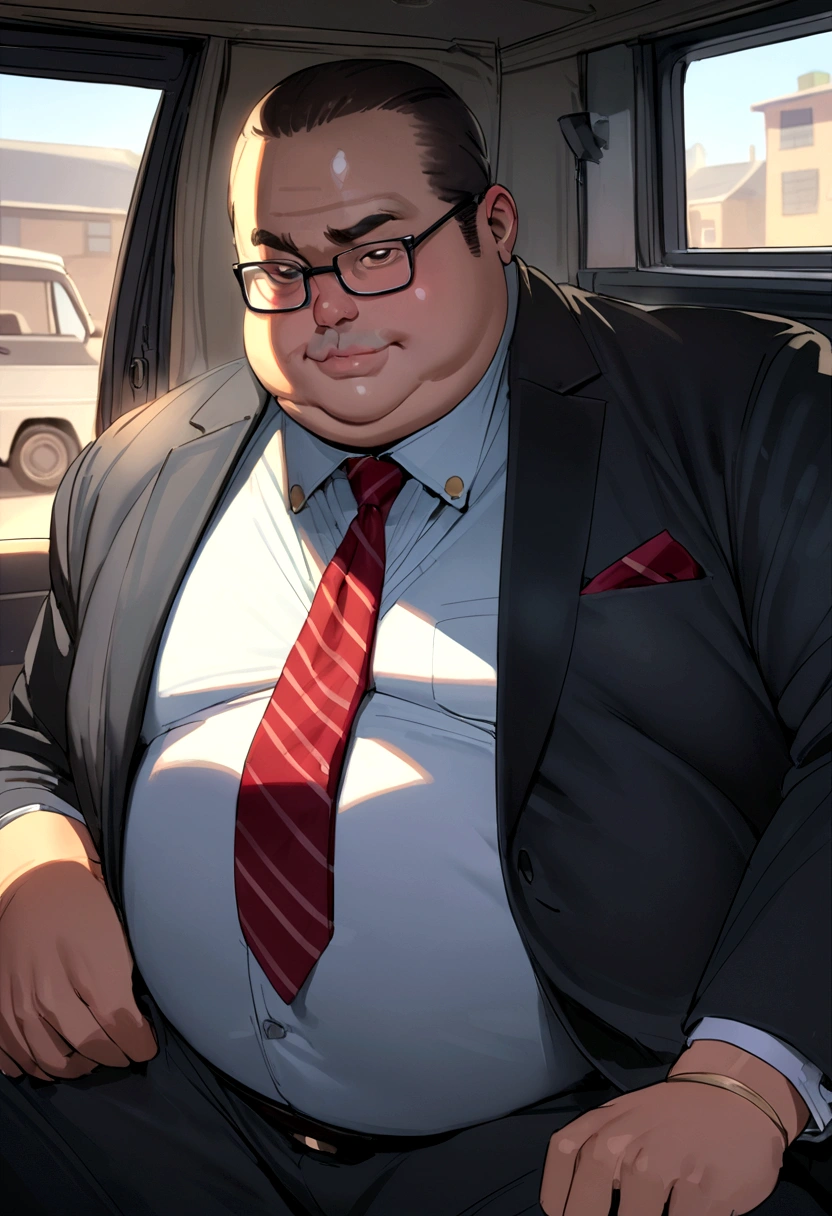 1 fat man wears a suit and van, is rich