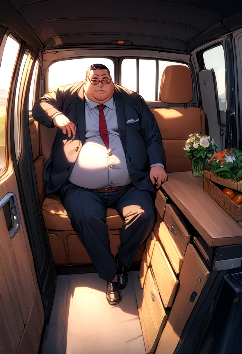 1 fat man wears a suit and van, is rich