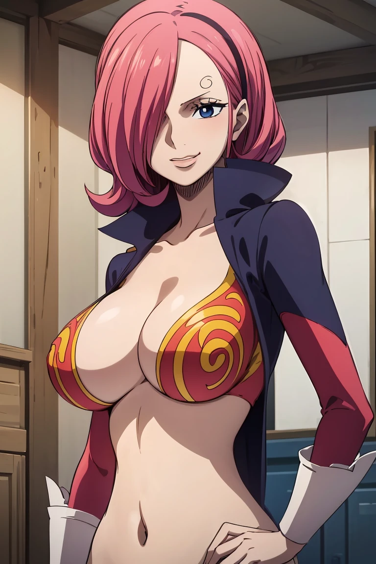 (Masterpiece:1.2, Best quality), (fine detailed beautiful eyes: 1.2), ((1girll)), ((Solo)), (finely detailed eyes and detailed face:1.3), (Extremely detailed CG, Ultra-detailed, Best shadow:1.1), , Large breasts, Beautiful concept illustration, Reiju, Masterpiece, A high resolution|★\[A high resolution\], Best quality, (Extremely detailed Cg Unity 8K wallpaper), room, breasts, navel, upper body, seductive smile, cleavage, big breasts,, nipples, nude, hand on hip, anime coloring
