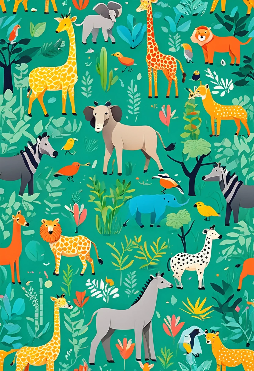 A detailed illustration of a zoo, flat design, colorful, whimsical style, cute animals, playful composition, vibrant colors, cartoon aesthetic, minimalist background, graphic design, digital art, vector art, creative layout, dynamic poses, engaging atmosphere, adorable wildlife, lively environment, positive mood, high quality, detailed textures, imaginative vision