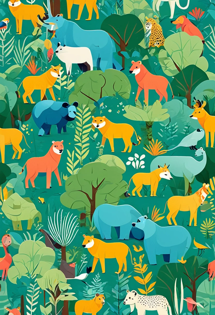 A detailed illustration of a zoo, flat design, colorful, whimsical style, cute animals, playful composition, vibrant colors, cartoon aesthetic, minimalist background, graphic design, digital art, vector art, creative layout, dynamic poses, engaging atmosphere, adorable wildlife, lively environment, positive mood, high quality, detailed textures, imaginative vision