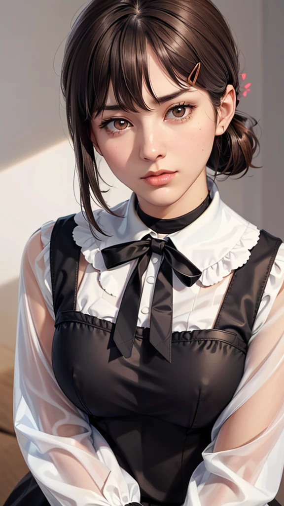(（（Perfect body,White and tender skin,（（（black dress, pinafore dress, sleeveless dress, white shirt, black ribbon, neck ribbon, long sleeves, black choker，）））,（（（Kobeni Higashiyama, black hair, hair ornament, hairclip, ponytail, short hair, (brown eyes:1.5),）））,((masterpiece)),highres,((Best quality at best)),masterpiece,quality,Best quality,(（（ Exquisite facial features,Looking at the audience,There is light in the eyes,(（（frown，Wronged））），Look up）））,（（（Light and shadow,Huge breasts,）））,（（（Looking at the camera,White background)））)